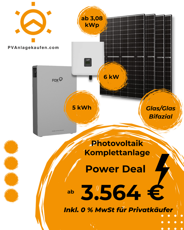 FoxESS Komplettsystem – Hybrid-Wechselrichter 6 kW, Speicher 5 kWh, Bifaciale Module