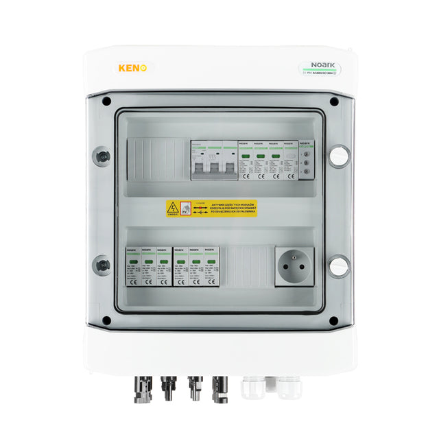 DC+AC-Anschlussverteiler mit Überspannungsschutz Noark 1000V Typ 1+2, 2x PV-Strang, 2x MPPT // AC-Schutz Noark Typ 1+2, Schalter 32A 3-Phasig, Phasenanzeige + Steckdose